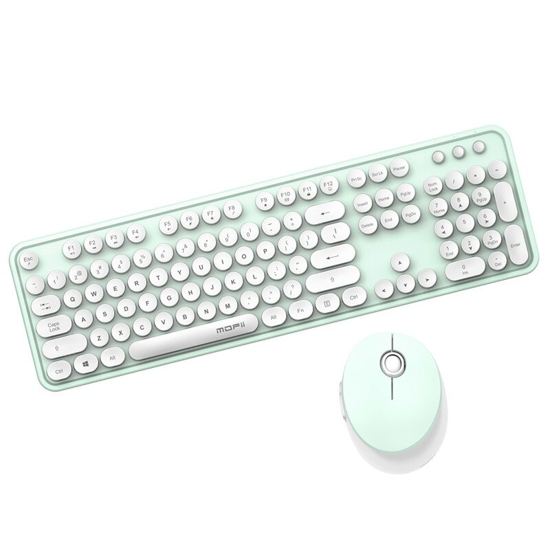 2.4G Wireless Keyboard Mouse Kit Office Girl 104 Keys Round Keycap Cute Pink Blue Green Red Black White For PC Laptop: white-green