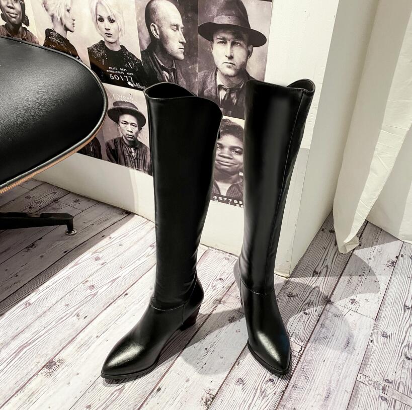 Westerse Laarzen Vrouwen Knie Hoge Cowboy Laarzen Mode Wees Teen Naaien Schoenen Vrouwelijke Hoge Hakken Dikke Schoenen Dames Herfst AB792: Black / 8.5