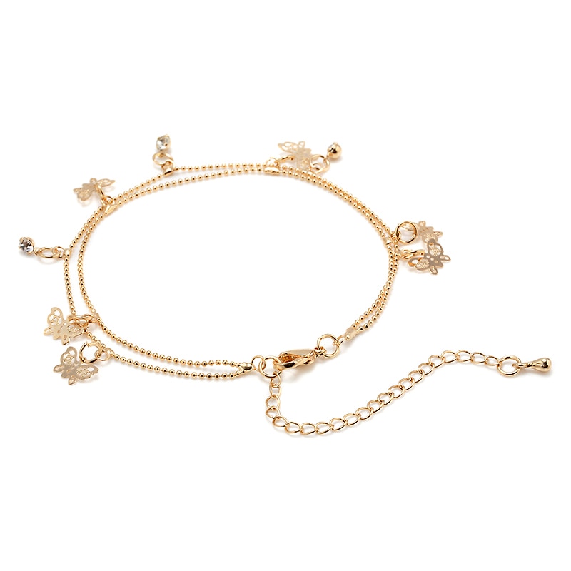 Frauen Strand Goldene Schmetterling Anhänger Knöchel Kette Fußkettchen Armband Doppel Deck Fuß Kette Quaste Schmuck Ankle