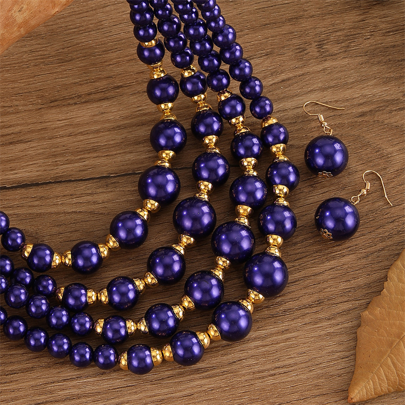 Meerlaagse bruidssieradensets voor dames, blauwe plastic kralen ketting en oorbellen set, afrikaanse kralen sieradenset