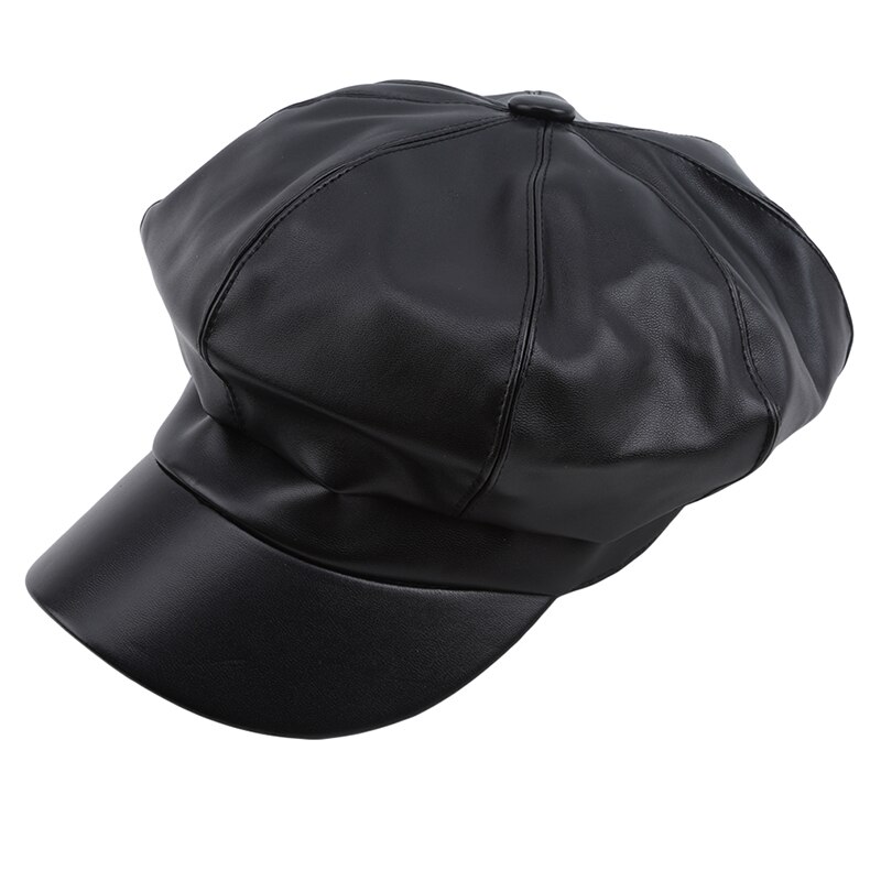 Gorras de piel sintética de Color liso para mujer, gorros octogonales, casuales, Vintage, unisex: black