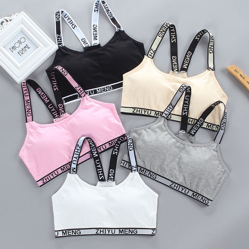 Young Girls Cotton Sport Traning Bra Letters Print Elastic Straps Bralette Vest U50F