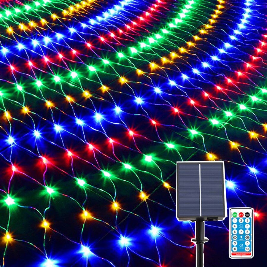 96/200/600Led Solar Net String Lights Solar Christmas Mesh Licht Met Afstandsbediening Outdoor Twinkle Fairy Guirlande Voor tuin Gazon Hek: Multicolor / 1.5X1.5M 96LEDS