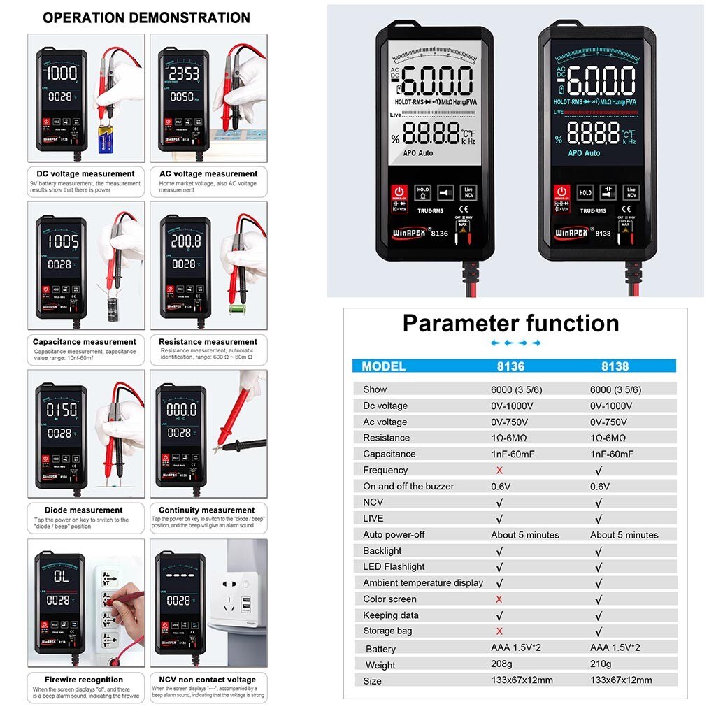Pocket-sized 3/5/6-digit Digital Multimeter Meter Testers Automotive Electrical Transistor Peak Tester Capacitance Meter#0826PJR