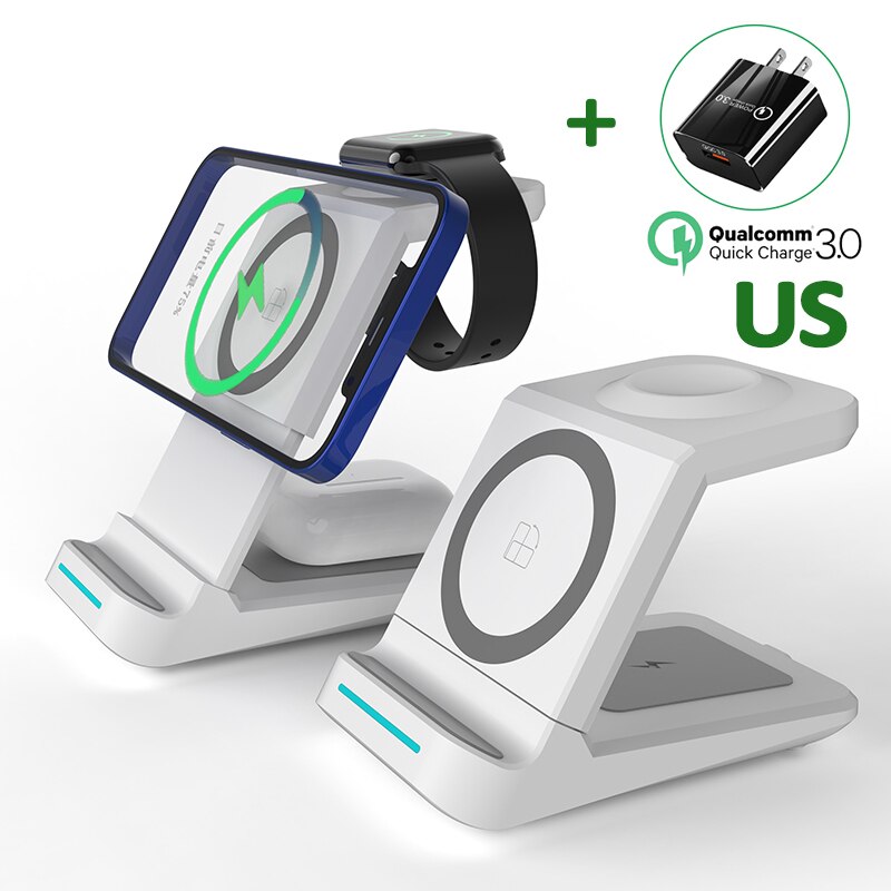 30w 3 in 1 magnetische kabellose ladestation für iphone 13 12 11 xr 8 apple watch qi schnellladestation für airpods pro iwatch 7 6: Weiß mit us-stecker
