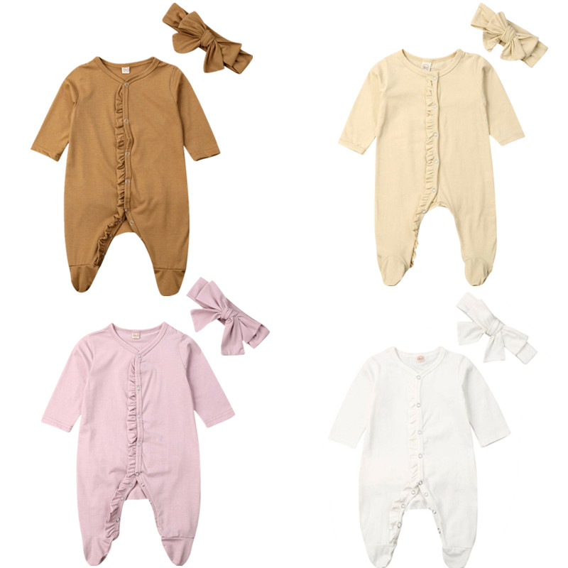 Collectie 0-12M Baby Peuter Effen Footies Kleding Pasgeboren Baby Baby Jongen Meisje Ruches Nachtkleding Pyjama Outfit kleding