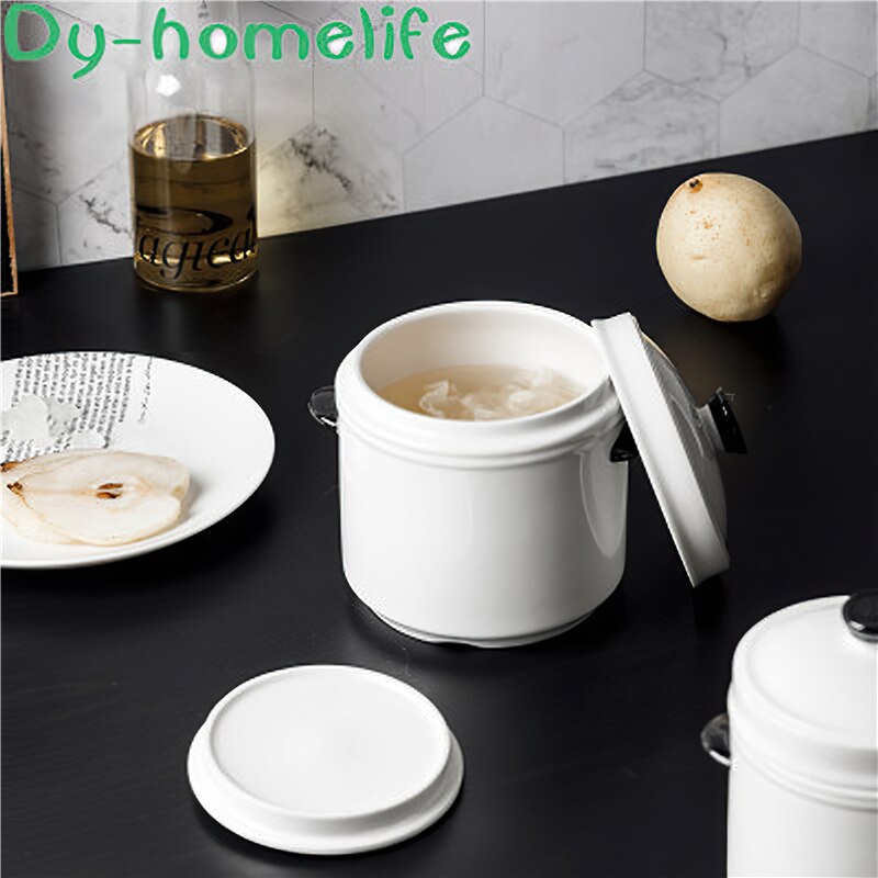 Ceramic Stew Pot Korean Double Ear Double Cover White Round Soup Bowl Cooking Utensils Household Kitchen Supplies Tableware