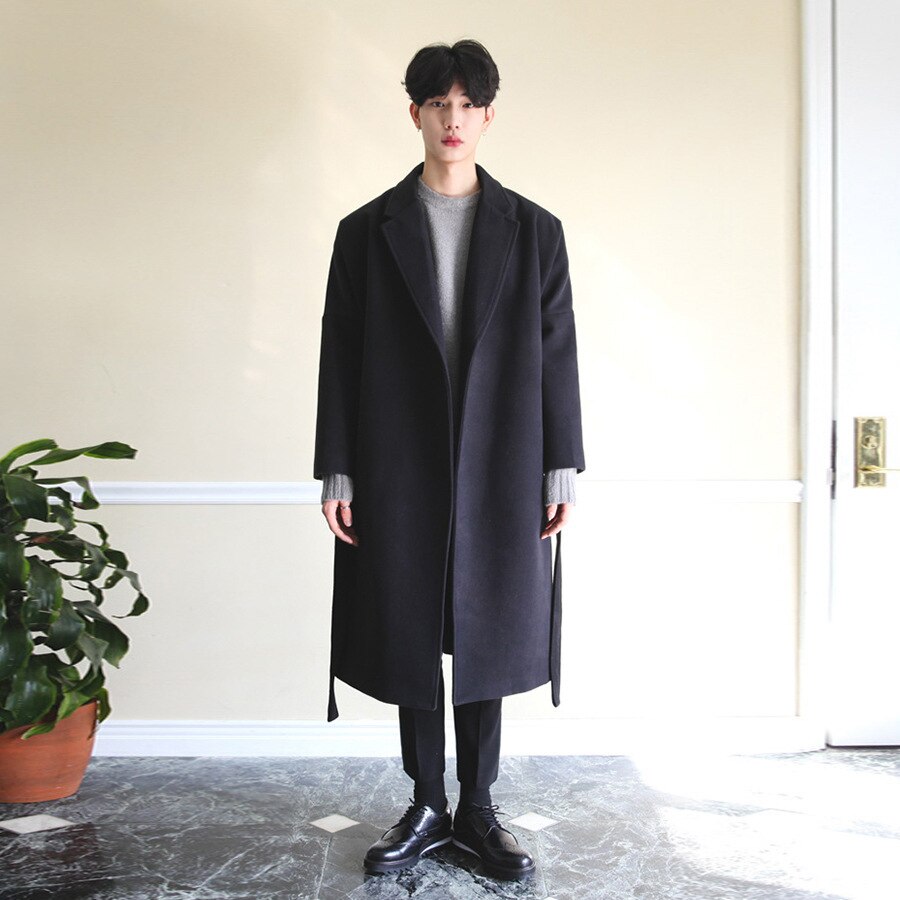 Long Over The Knee Cashmere Windbreaker V-neck Solid Color Robe Casual Slim Coat Gentleman Button Jacket Spring