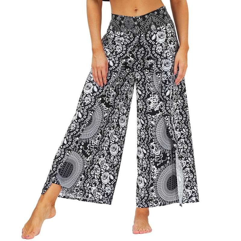 Womens Palazzo Casual Yoga Broek, Slit Brede Been Broek Casual Beach Boho Vintage Hippie Bohemian Pilatus: S M