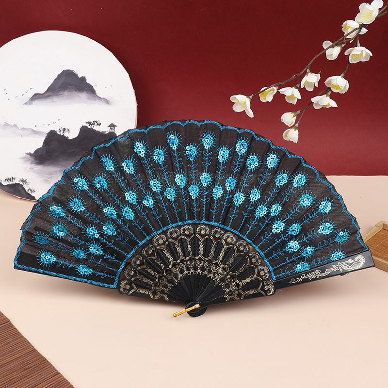 Silk Fan Folding Fan Wedding Art Peacock Sequin Dancing Fan Hand Held Fan: BL