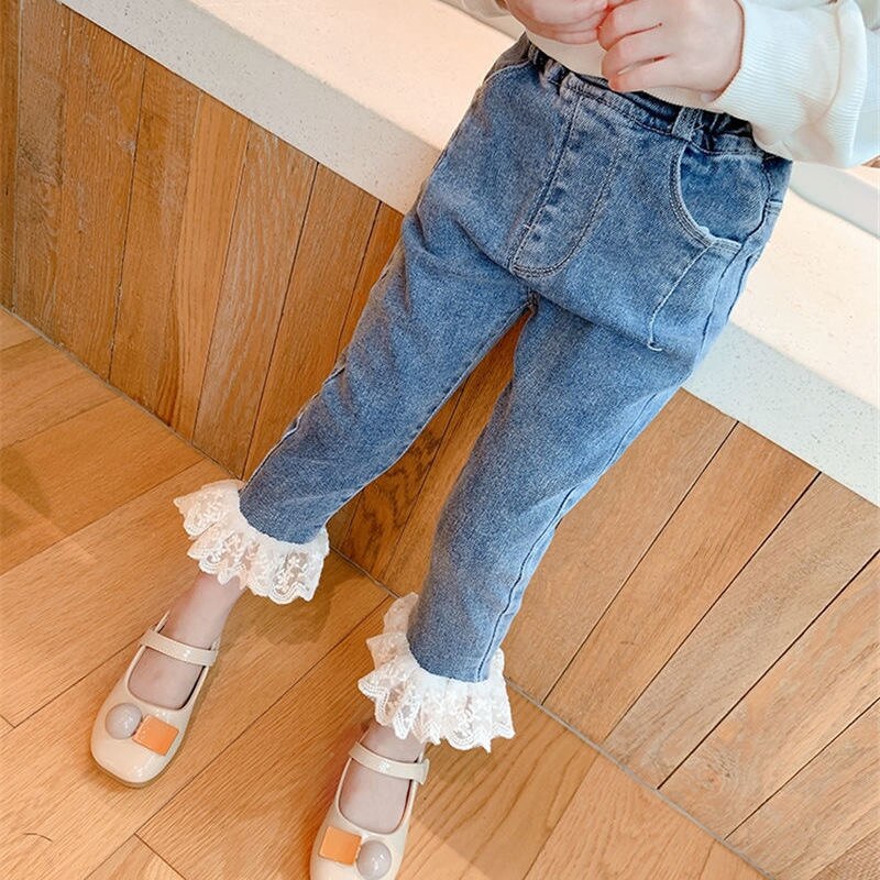 Ripped Jeans For Kids Children&#39;s Wear Girls Spring Autumn Versatile Lace Trousers Pants