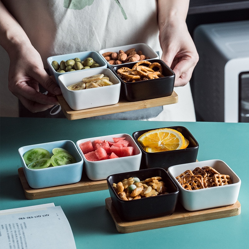Firkantet keramik frugtfad keramisk fad salat tallerken porcelæn snacks slik nøddesesserter øko naturlig serverings bambus bakke sæt