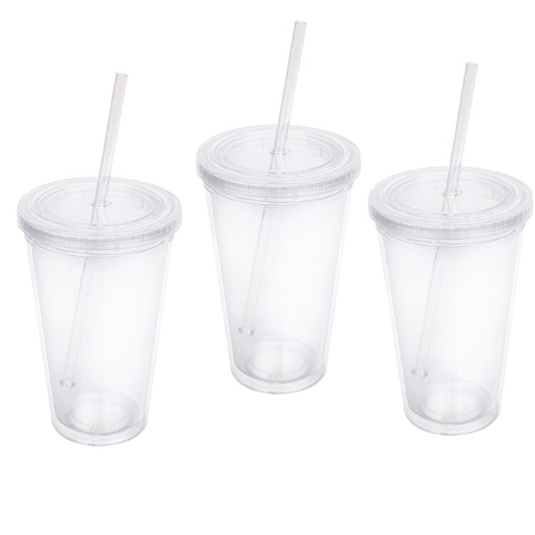 16oz/22oz återanvändbara rese-iskaffe muggar dubbelvägg isolerande klara plastglas med lock och sugrör 1 st ,3 st ,12 st/set: 16oz / 3- pack