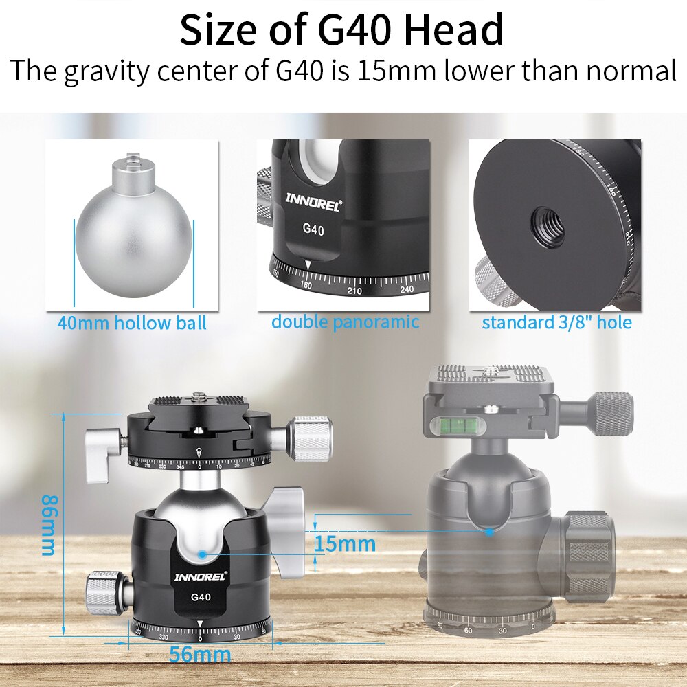 G40/G34 Low Center of Gravity Tripod Ballhead Double Panoramic U Notch Head Add L Quick Release Plate for Monopod DSLR Camera