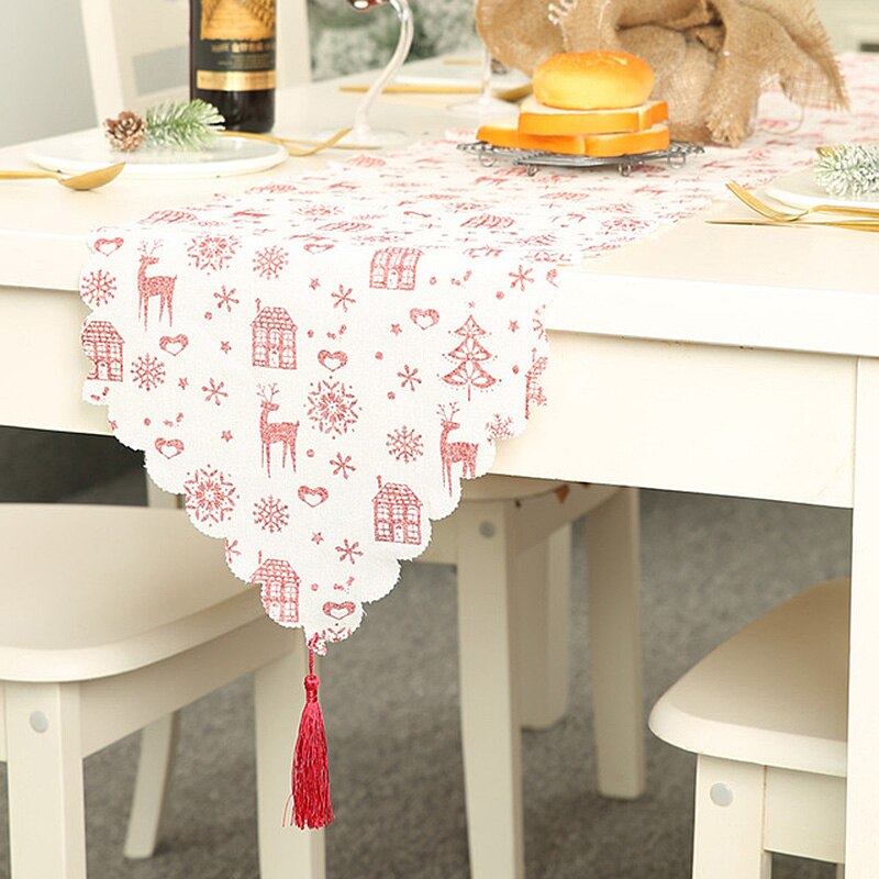 Merry Christmas Table Runner with Tassel Snowflake Tablecloth Long Table Runners Home Decor Xmas Year Wedding Decoration