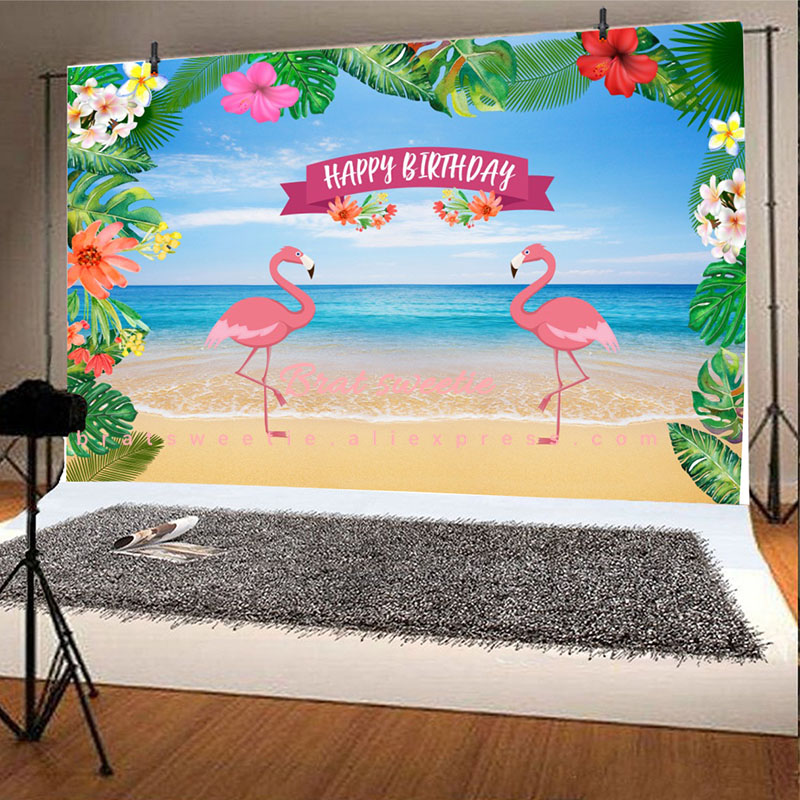 Telones de fondo de feliz cumpleaños de 7 x 5ft pulgadas con flamencos, decoraciones para fiesta hawaiana, vinilo, playa, fondo tropical, fondo fotográfico de pared aloha