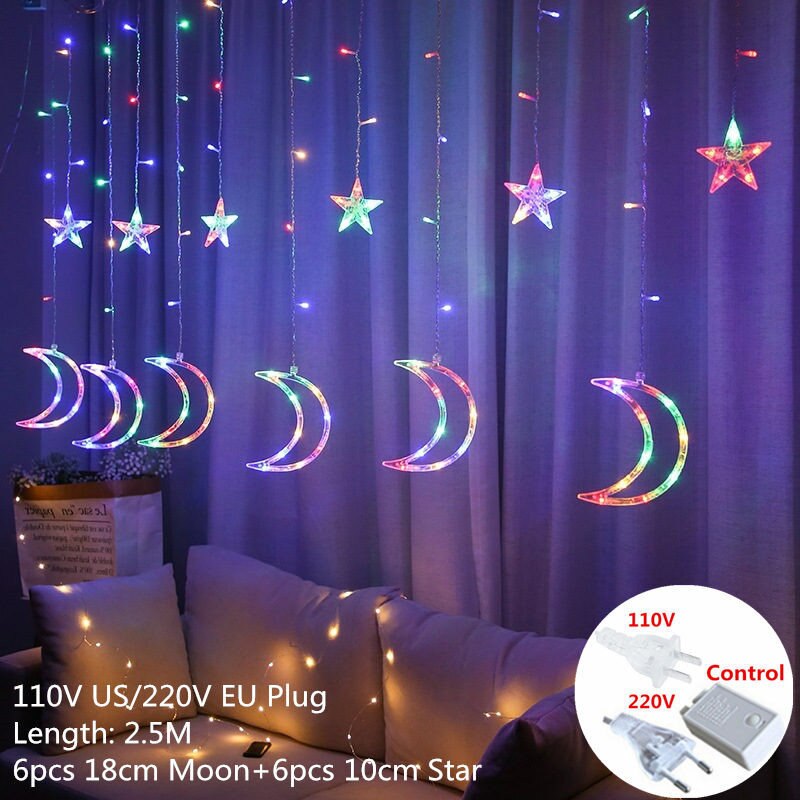 220v eu pistoke 2.5m led moon star lamppu keiju verho valo jouluseppele merkkijono valot lamppu vuodeksi hääkoristeita: Juu värikäs / Eu -pistoke