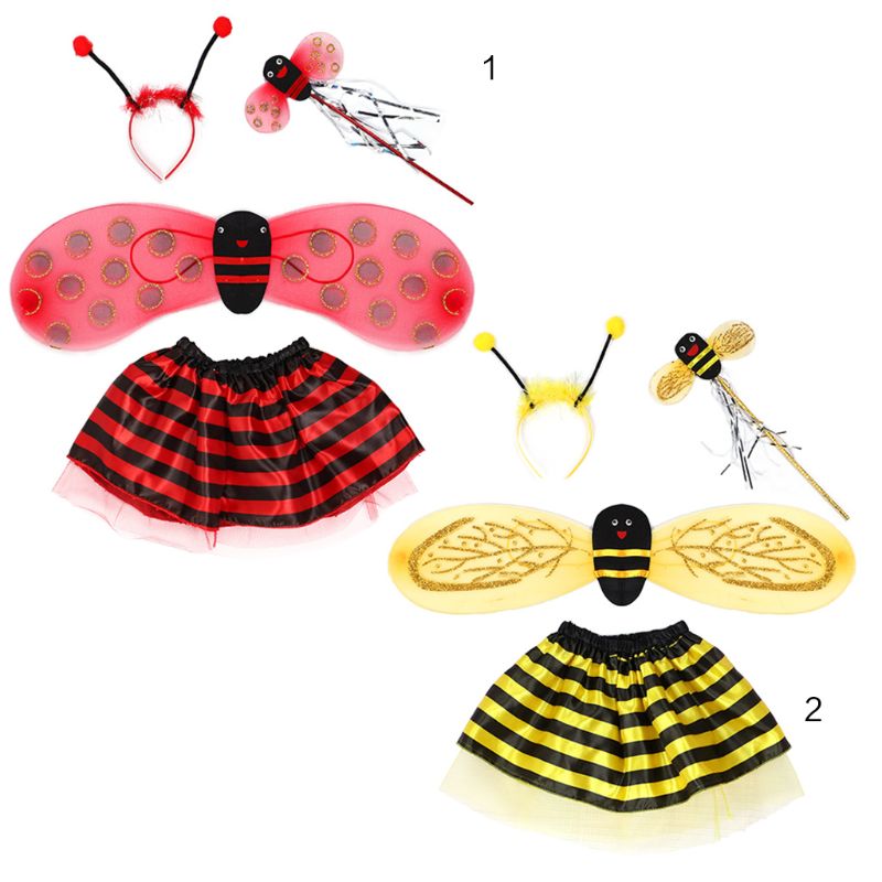 4Pcs/Set Kid Fairy Costume Set Ladybird Bee Glitter Cute Wing Striped Layered Tutu Skirt Wand Headband Up Halloween Outfit