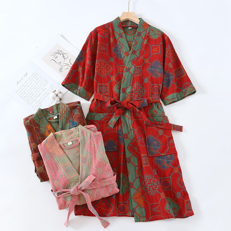 Paar Stijl Puur Katoenen Badjas Retro Mannen En Vrouwen Lente En Zomer Dunne Pyjama Absorberende Badjassen