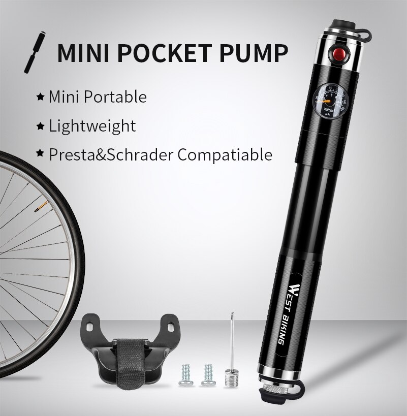 WEST RADFAHREN Fahrrad Pumpe Hand Luftpumpe Schlauch Manometer Radfahren Reifen Inflator Schrader Presta Ventil Tragbare Pumpe