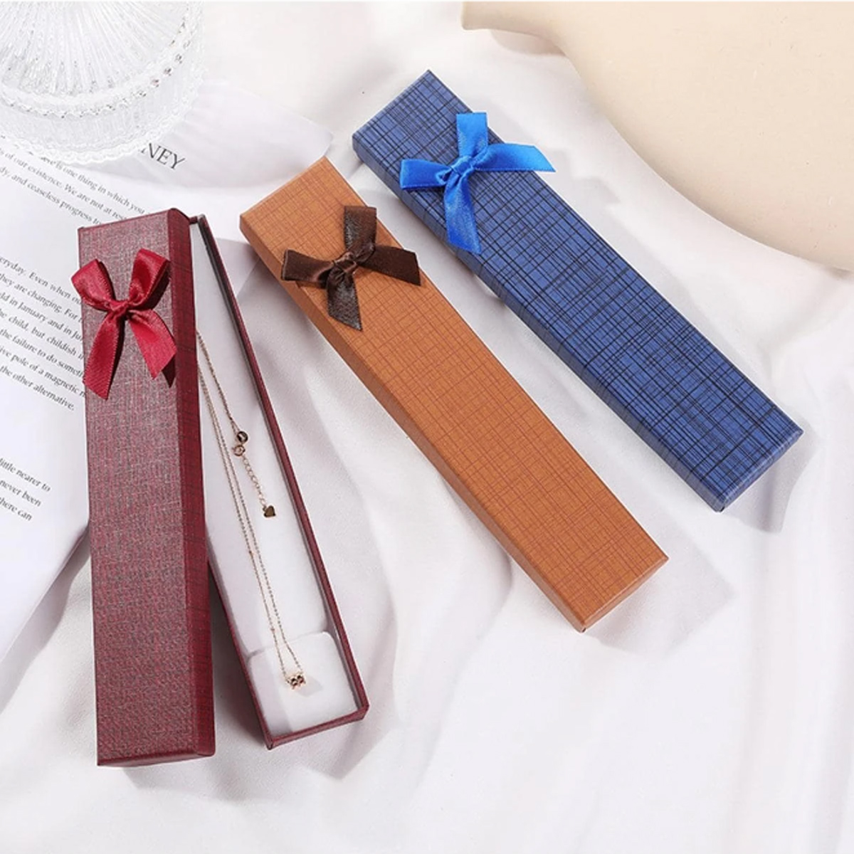 Caja de de joyería Rectangular con decoración de nudo de lazo, adecuada para collares de embalaje, pulseras y otros accesorios, 1pc