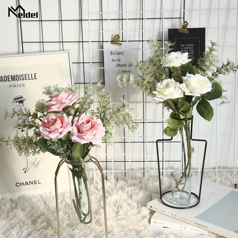 Meldel 1 gren bryllup kunstige roser blomster silke flores hjemme ball fest bursdag dekorativ hvit imitasjon roser floral