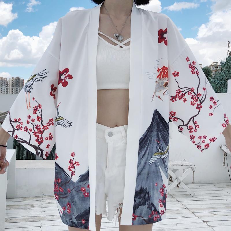 Kimono japonés Retro Samurai, cárdigan de gasa Haori ukiyo-e con estampado Floral para mujer, ropa de calle para Cosplay: Color 2