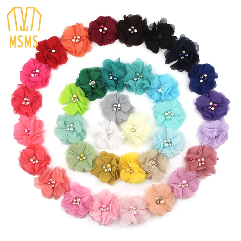 35 Color U Pick 2 Inch Mini Layered Chiffon Fabric Flowers With Pearl Rhinestone DIY Bow Making Supplies ,Two Pearl Two Rhinesto