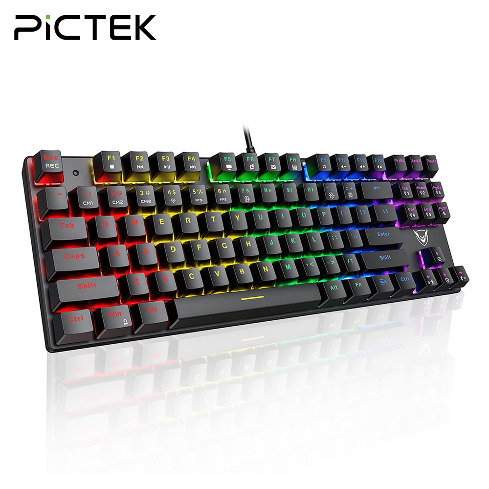 PICTEK PC244 Wired Gaming Keyboard Mechanical keyboard RGB LED Backlit USB Blue Switch 87 Keys Keycaps For Computer PC Gamer