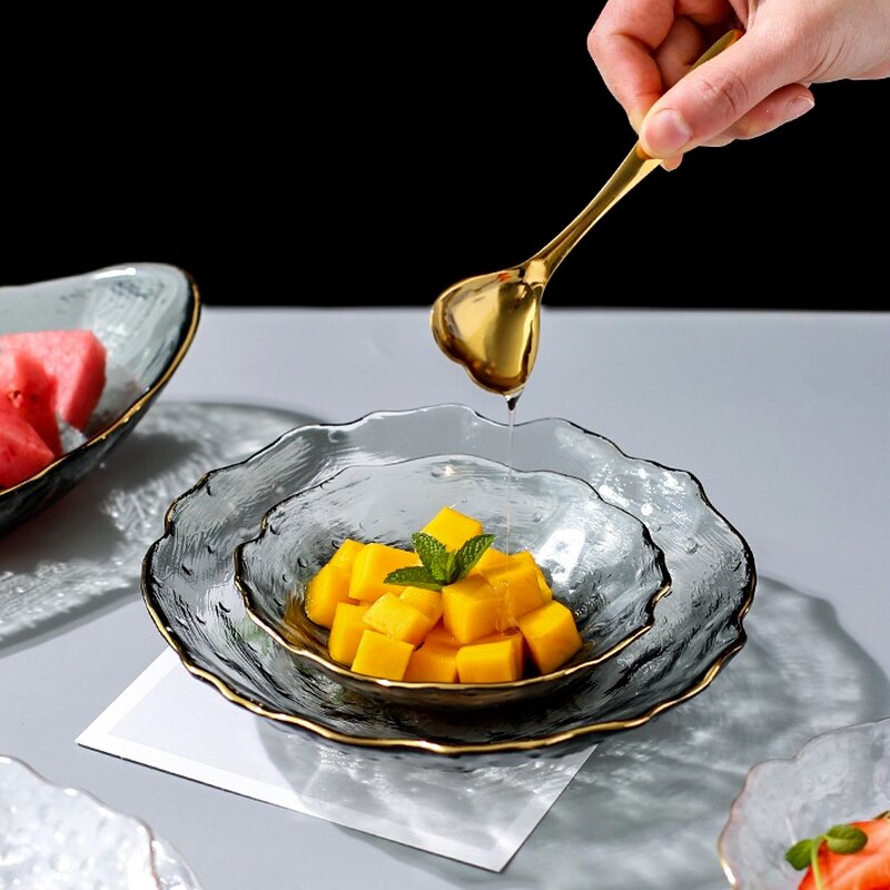 Gray Crystal Glass Fruit Plate Electroplating Golden Border Dessert Dessert Plate Pastry Salad Plate Kitchen Utensils