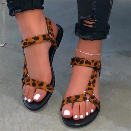 Sandales à bout ouvert pour femme, chaussures d'été de , couleur arc-en-ciel, chaussures avec boucles avec crochet, collection: Leopard print / 42