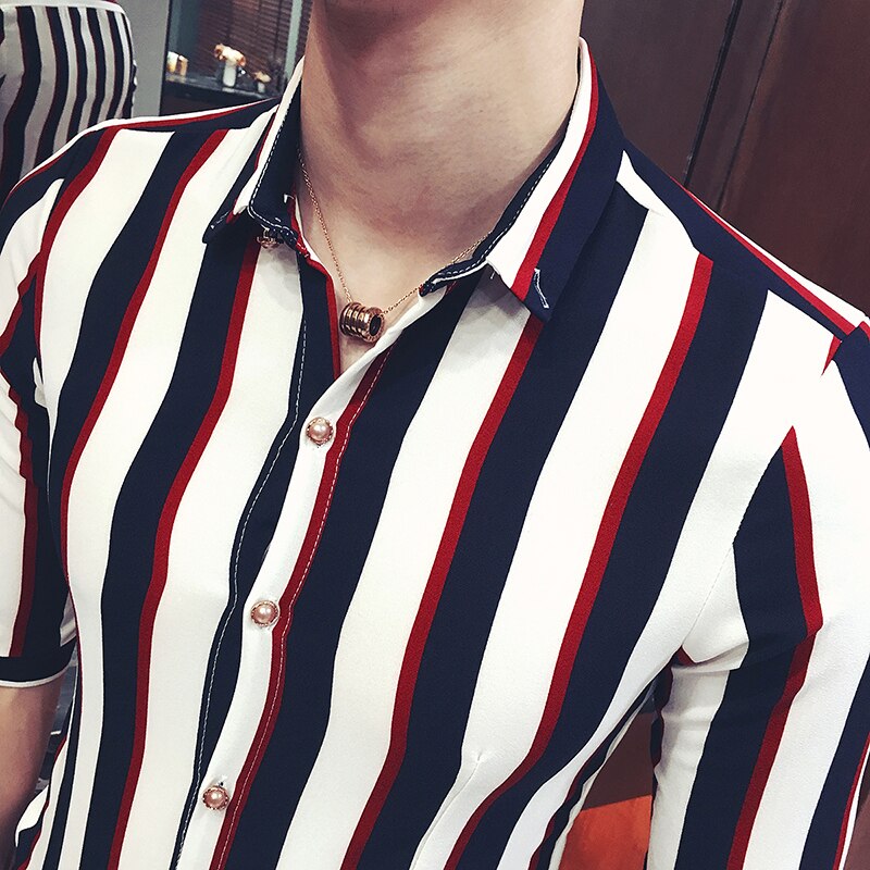 Mens Stripe white Shirt Short Sleeve Summer business casual style Masculina Oversize 5XL Red White black Stripe for man