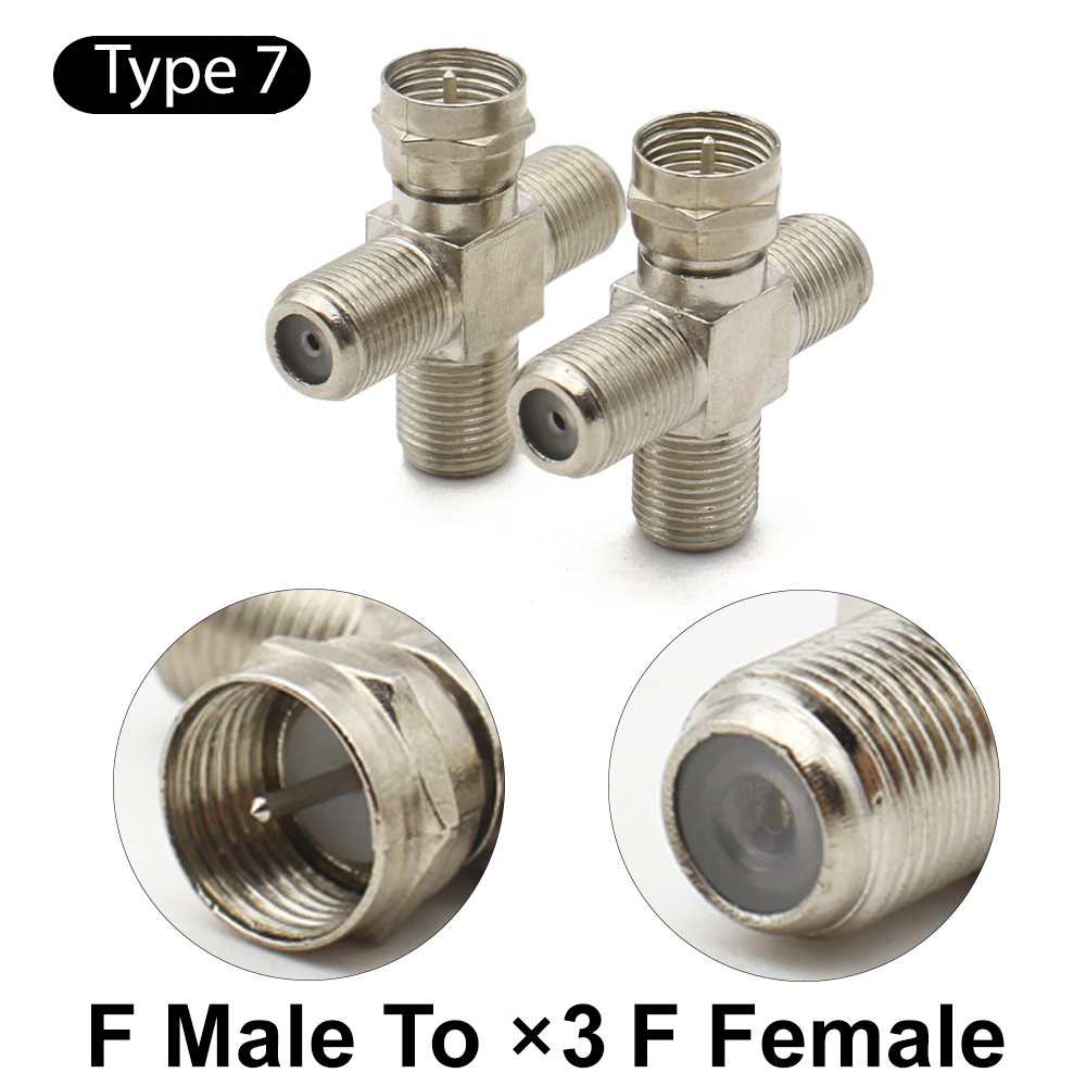 F tv aérea f macho fêmea adaptador ângulo reto rf conector coaxial 3way tipo t divisor cabo antena f combinação: Dourado