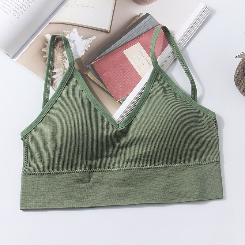 Women Summer Seamless Bras Cotton Crop Tops Bralette Solid Color Bra Deep V Sexy Comfortable Wire Free Underwear: Green