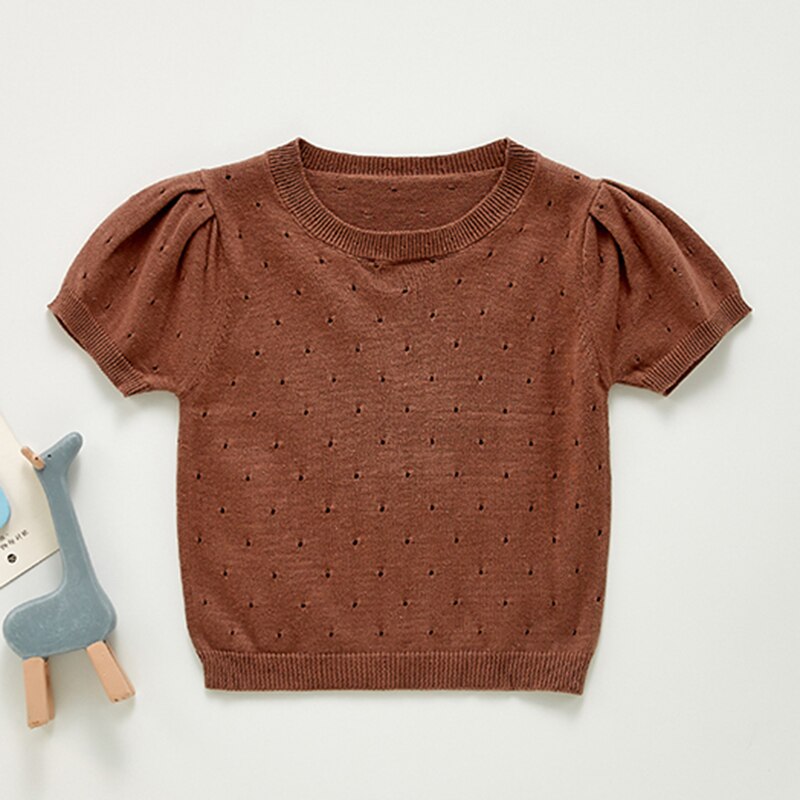 Camiseta infantil de malha angou 2021, camiseta de bebê para meninas, manga curta de cor pura e fofa: 212T07 coffee / 12M-80