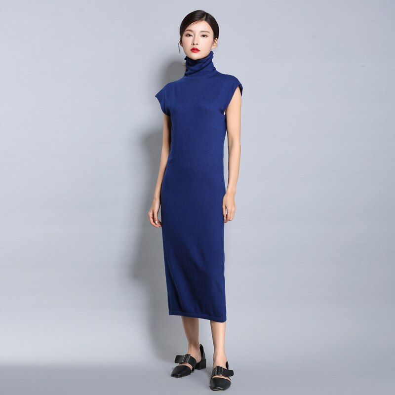 Women's Spring And Summer Cashmere Dresses Women Knitted Pullovers Female Long Solid Turtleneck: Blue / L