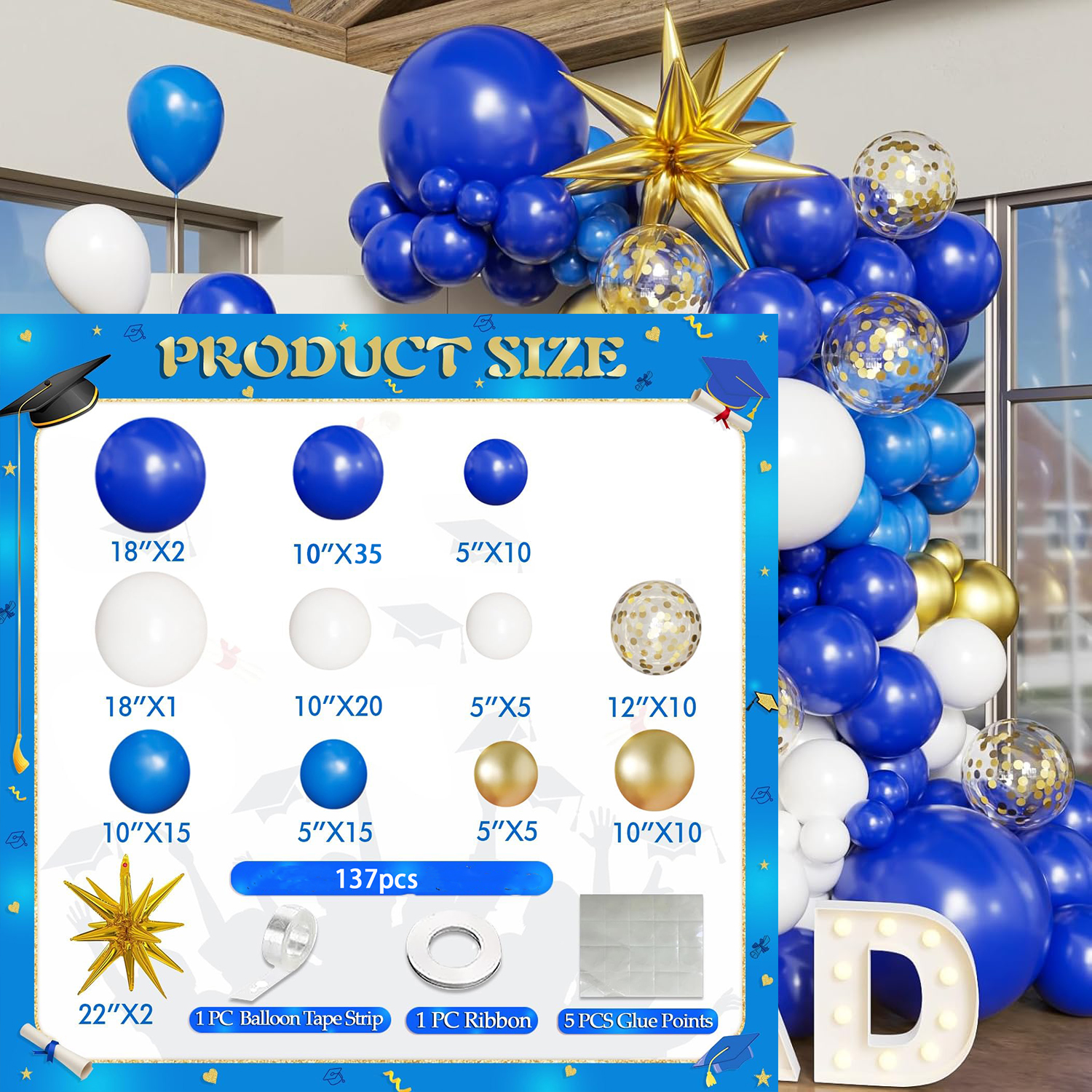 El juego de arco de globos de graduación incluye decoraciones de arco de globos azul, blanco y dorado, adecuadas para decoraciones de clase de 2025: Azul