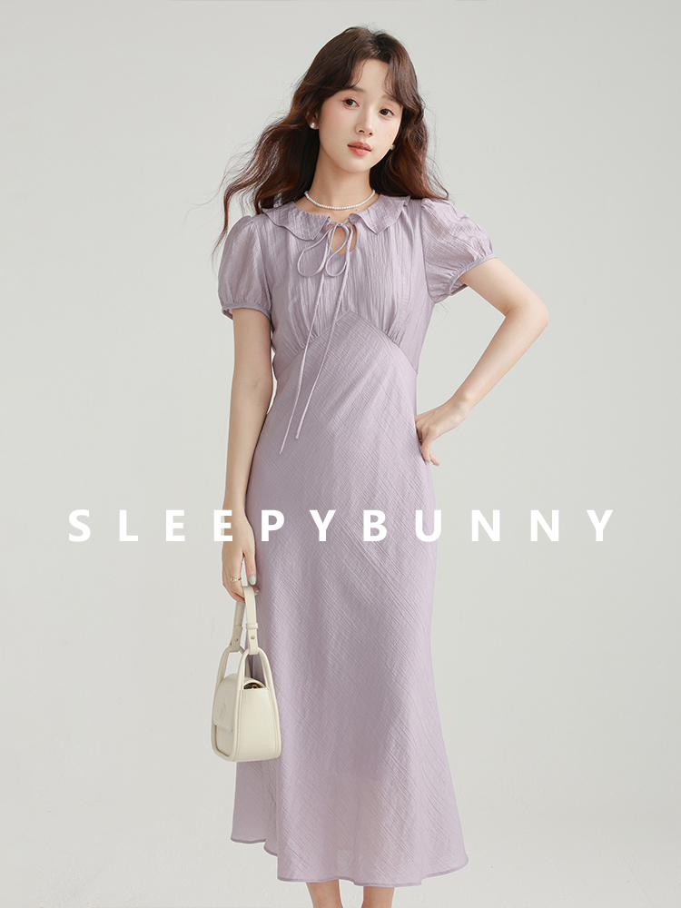 Women French Style Purple Short Sleeve Dress Waist-Cinching Puff Sleeve Long Dress Petite Fit Soft and Feminine Dress: L / black