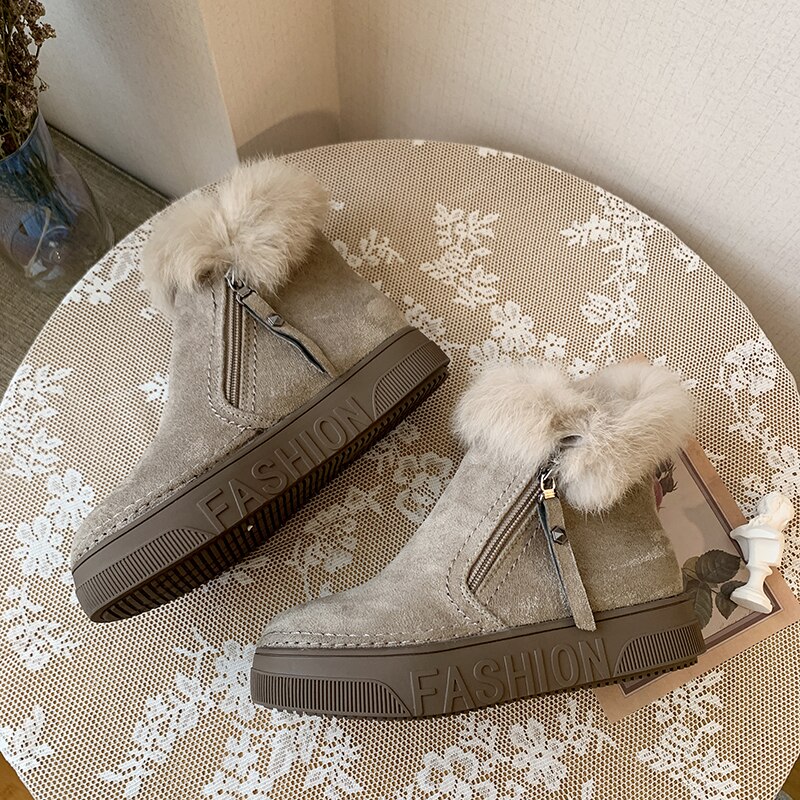 Vinterstøvler dame varme plus kashmir støvler læder diagonal lynlås dame ankelstøvler i bomuld om vinteren  u15-18