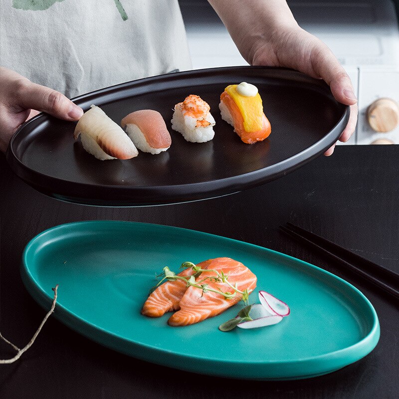 Grands plateaux de service ovales de 12/14 pouces, plats de service en porcelaine de couleur allant au four, assiettes à dîner