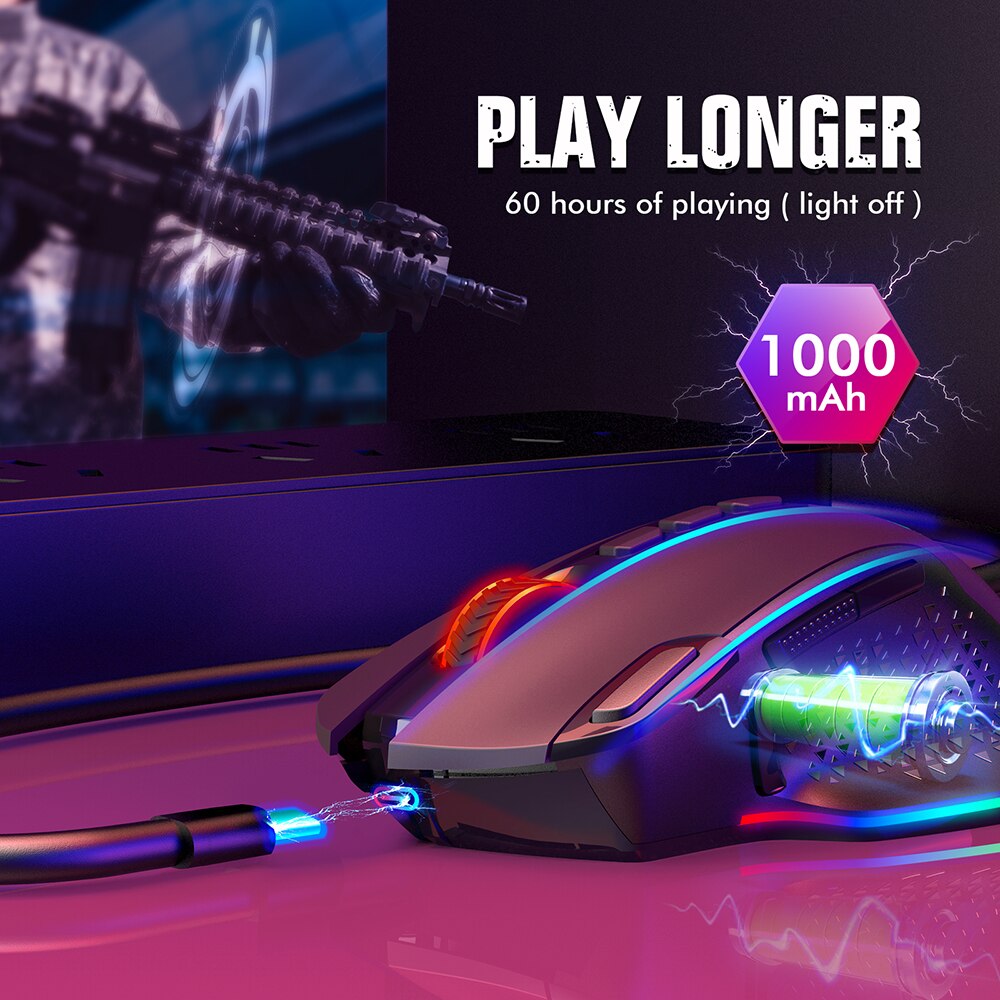 VicTsing – souris de jeu sans fil PC282, 10000 DPI, Rechargeable, ergonomique, avec 10 boutons programmables, rétroéclairée rvb, pour PC Gamer