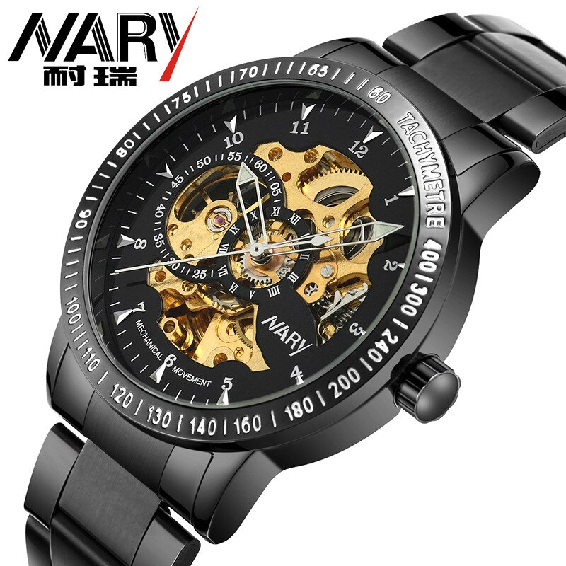 Nary/Nary Fully Automatic Analog Ch Men Hollow Out-Style Erproof 18026: Pure Black Steel Belt Black Face