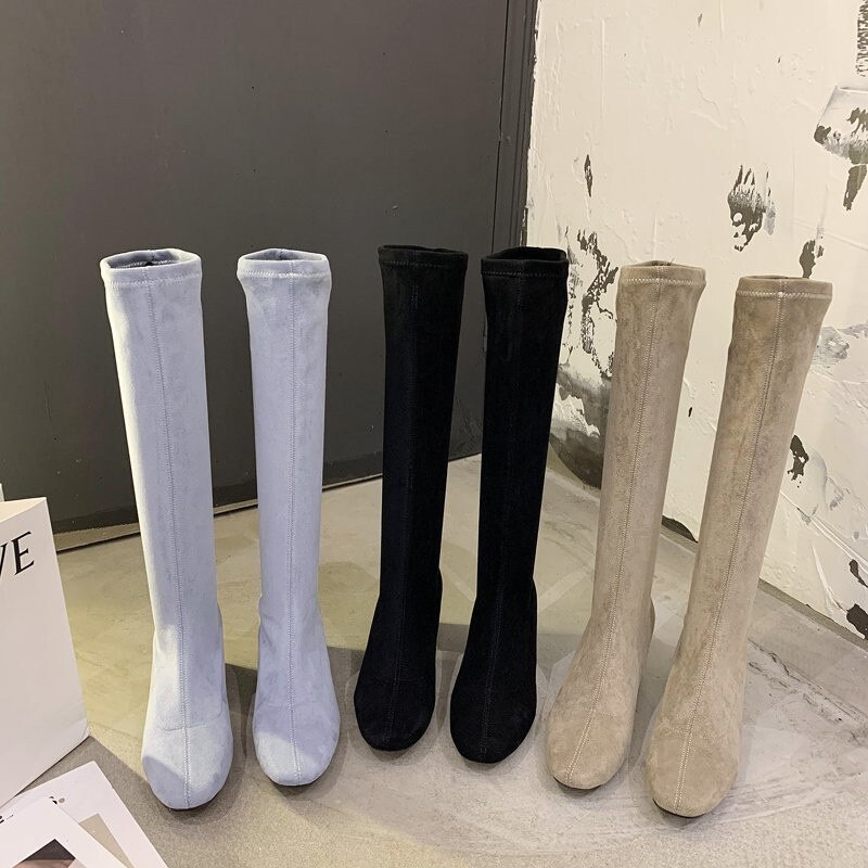 Kvinner lange støvler vårstøvler botas kvinnelige stretch flock slanke støvler sko kvinne svart grå beige roma knehøye støvler