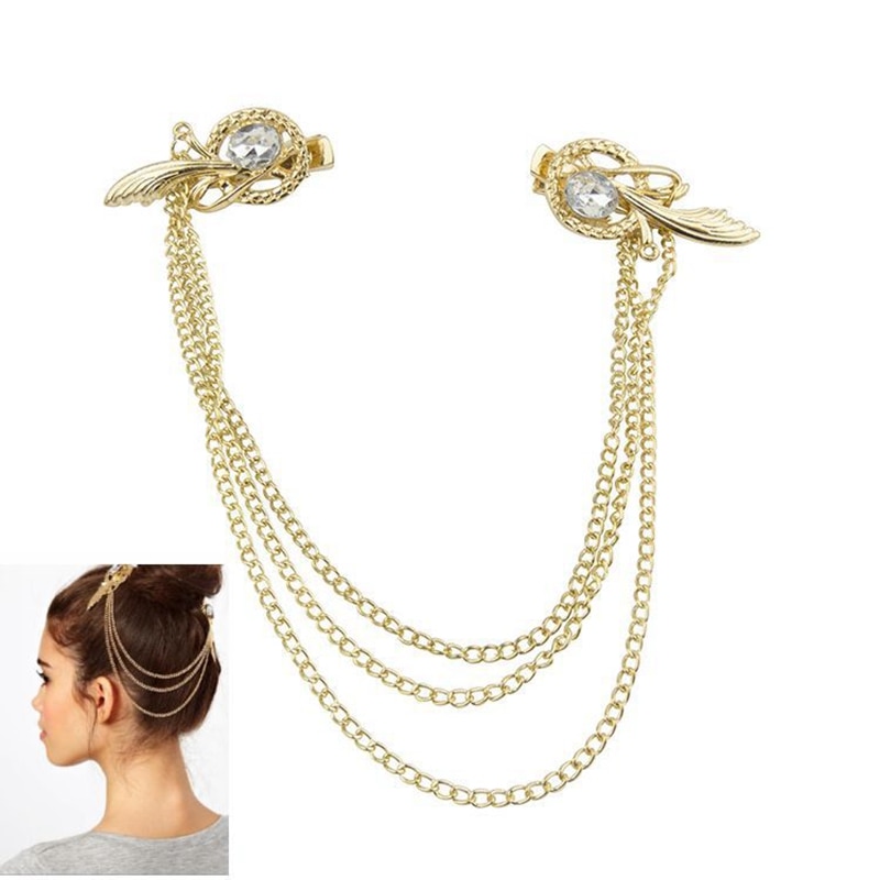 Hair Clip Pins Women Gold plating Tassel Headbands Head Band Jewelry Headpiece Tone Crystal Feather Cuff Chain Hair Clip