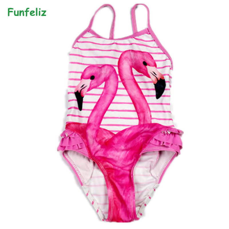 Funfeliz Flamingo Badmode Voor Meisjes Schattige Baby Meisje Zwemmen Pak Cartoon Gestreepte Een Stuk Badpak Kinderen Badpak: 5T