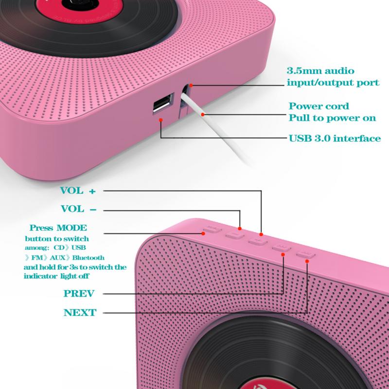 Portable Bluetooth CD Player Wall Mountable Home Audio Boombox with Remote Control FM Radio Built-in HiFi Speakers USB MP3