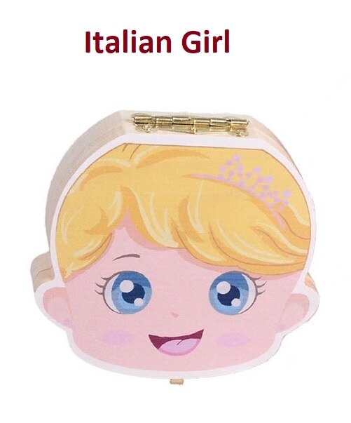 Caja de dientes de bebé colorido español inglés francés italiano caja de dientes de madera organizador guardar dientes de leche almacenamiento de madera: Italian Girl