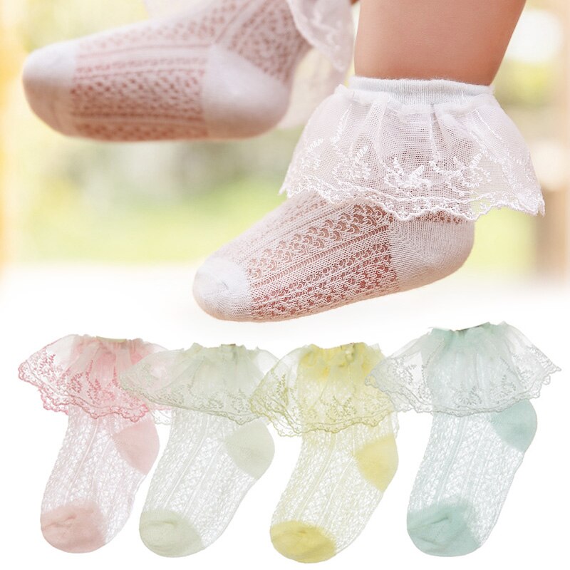Summer Retro Lace Kids Girls Socks Ruffle Frilly Socks Girls Princess Mesh Solid Cotton Short Sock White School Dance Socks