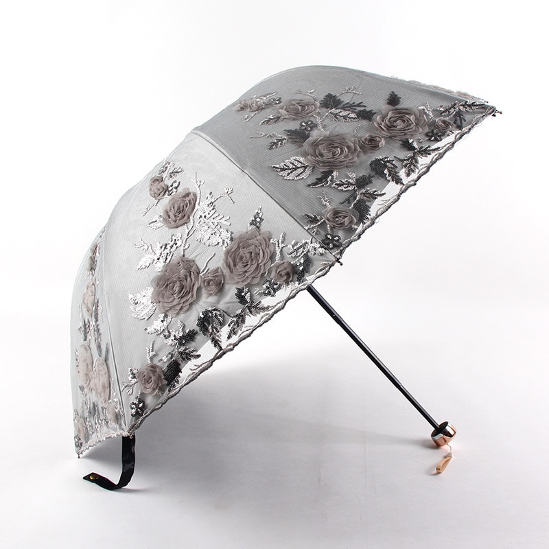 Women's umbrellas from the rain sun lace folding Parasol Girls outdoor parasol summer wedding sunshade flower wedding Umbrellas: Gray