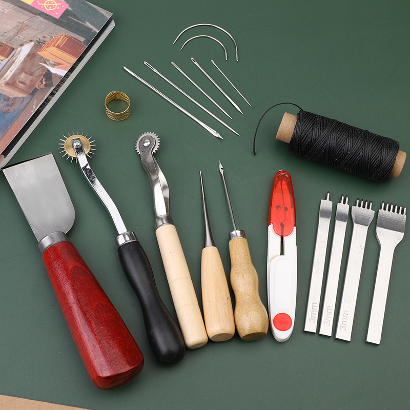 Lmdz Lederen Naaien Tool Set Skiving Mes Hand Punch Groover Houten Handvat Priem Wax Draad Schaar Leer Naald Accessoires